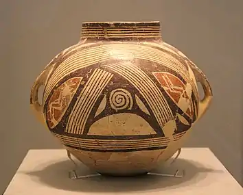 Clay vase with polychrome decoration, Dimini, Magnesia, Late or Final Neolithic (5300-3300 BC). Ceramic; height: 25 cm (93⁄4 in.), diameter at rim: 12 cm (43⁄4 in.); National Archaeological Museum (Athens)