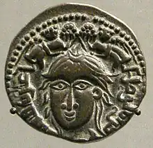 Coin of Nasir ad-Din Mahmud, mint of Mosul, depicting a female with two winged victories, 1223. British Museum