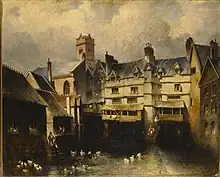 Image 17Oil on canvas painting by an unknown artist c.1870. These houses were later demolished to make way for St Edmund's Church. The painting depicts the edge of the River Exe flowing under three arches of the Old Exe Bridge, with houses on the bridge and on the river bank, St Edmund's Church can be seen in the top left. (from Exeter)